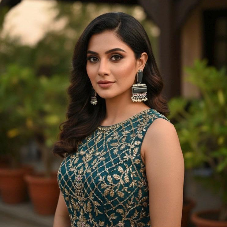 Woman wearing a green and gold dress with large earrings outdoors.