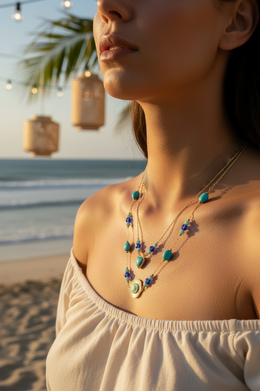 Woman wearing a necklace on a beach with palm trees and lanterns in the background
