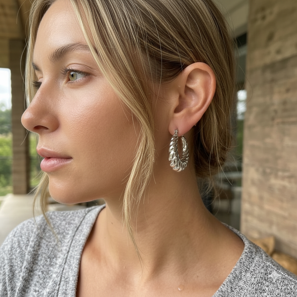 Close-up of a woman wearing silver hoop earrings with a blurred background