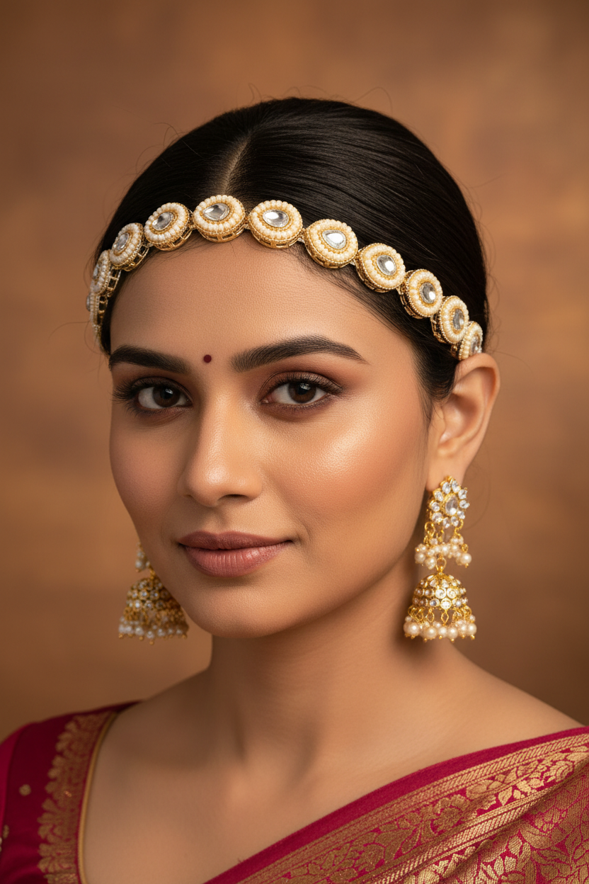 Woman wearing traditional hair headband  with a brown background