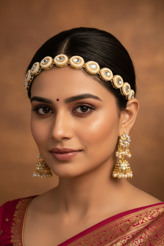 Woman wearing traditional hair headband  with a brown background
