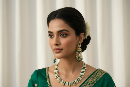 Woman wearing a green saree with gold embroidery and jewelry against a neutral background