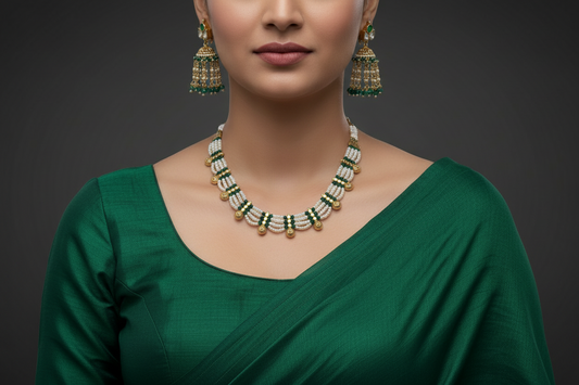 Woman wearing a green saree with a necklace and earrings on a dark background
