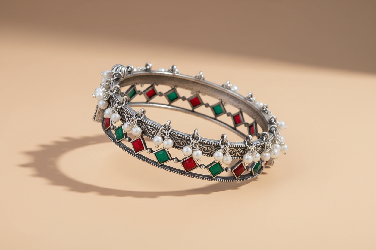 Oxidized Pearl Kada Openable Bangle  Red Green Stone Indian Ethnic Bracelet