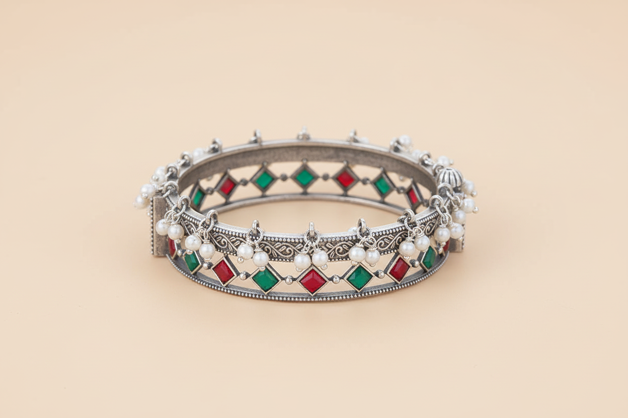 Oxidized Pearl Kada Openable Bangle  Red Green Stone Indian Ethnic Bracelet