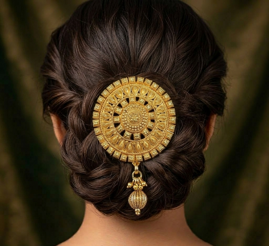 Gold hair accessory in a braided hairstyle against a dark background