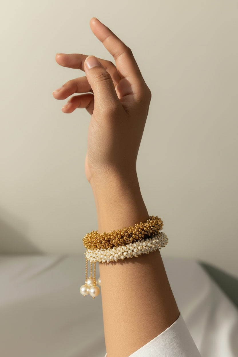 Antique Gold & Pearl Drop Open Bangle Bracelet