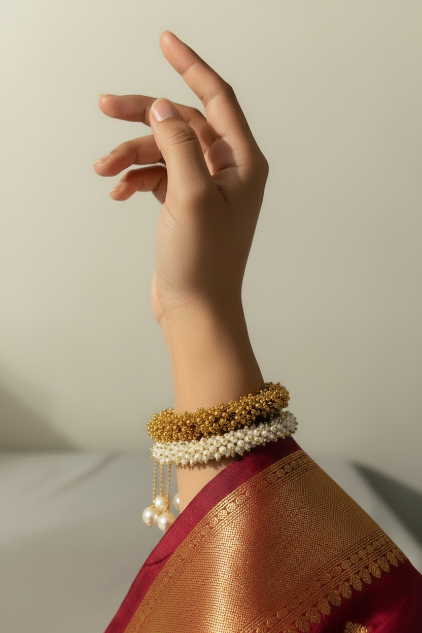 Antique Gold & Pearl Drop Open Bangle Bracelet