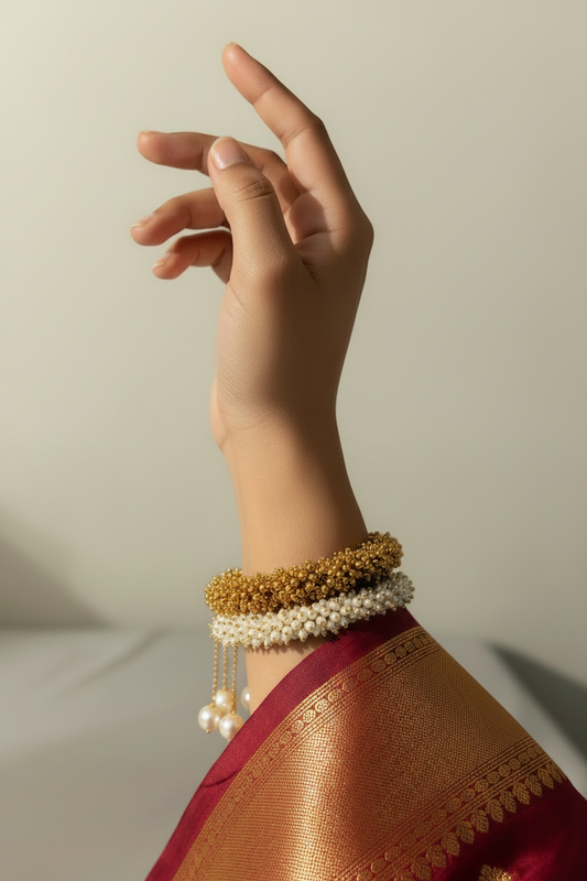 Antique Gold & Pearl Drop Open Bangle Bracelet