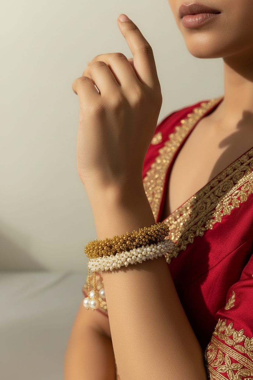 Antique Gold & Pearl Drop Open Bangle Bracelet