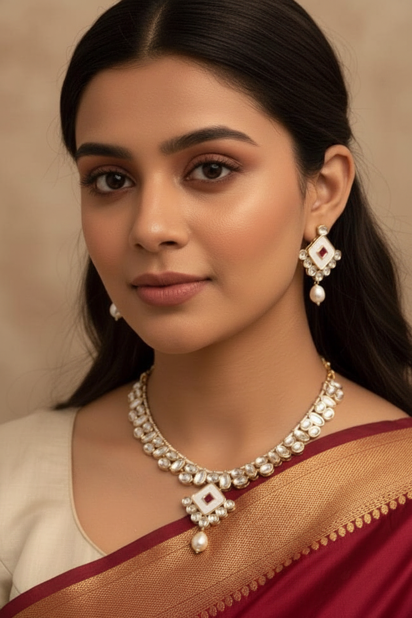 Kundan Necklace set with White pendant & Pearl Drop