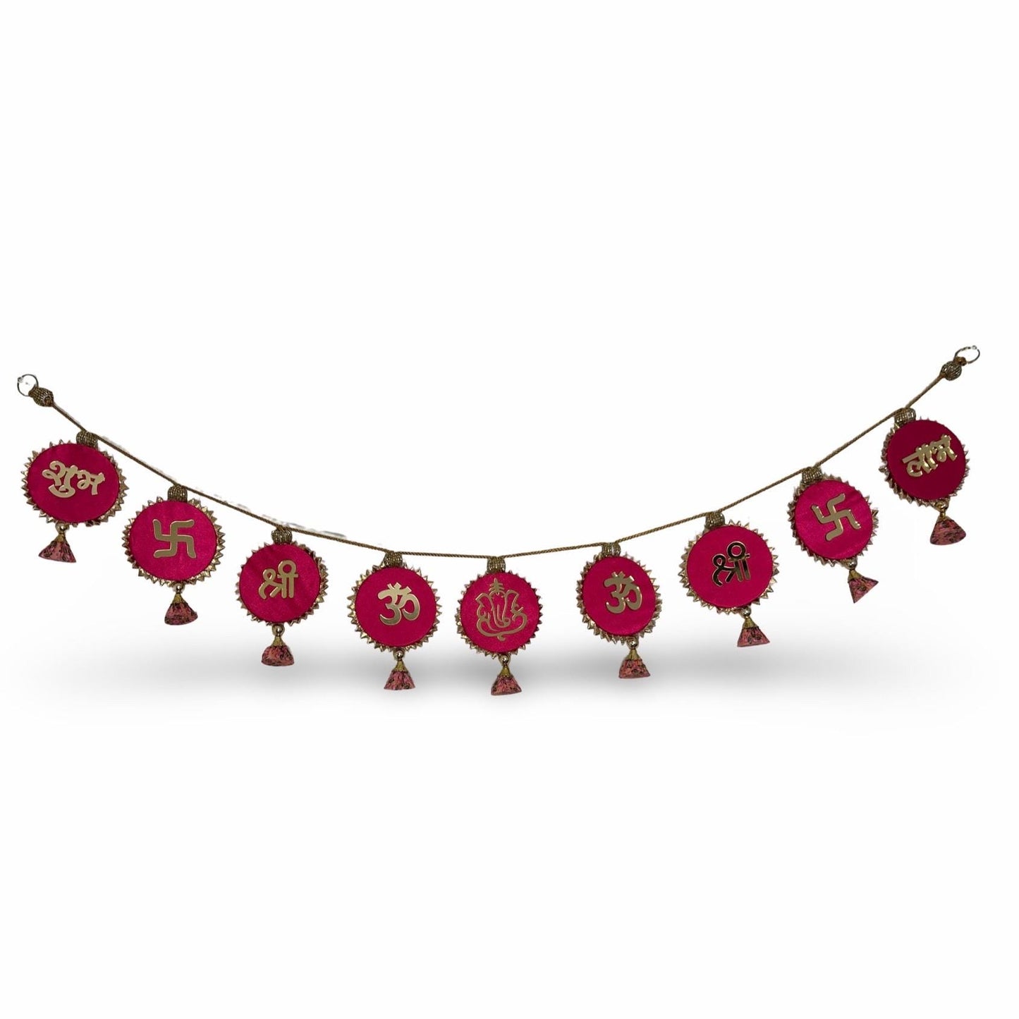 Decorative string with red circular ornaments featuring symbols on a white background