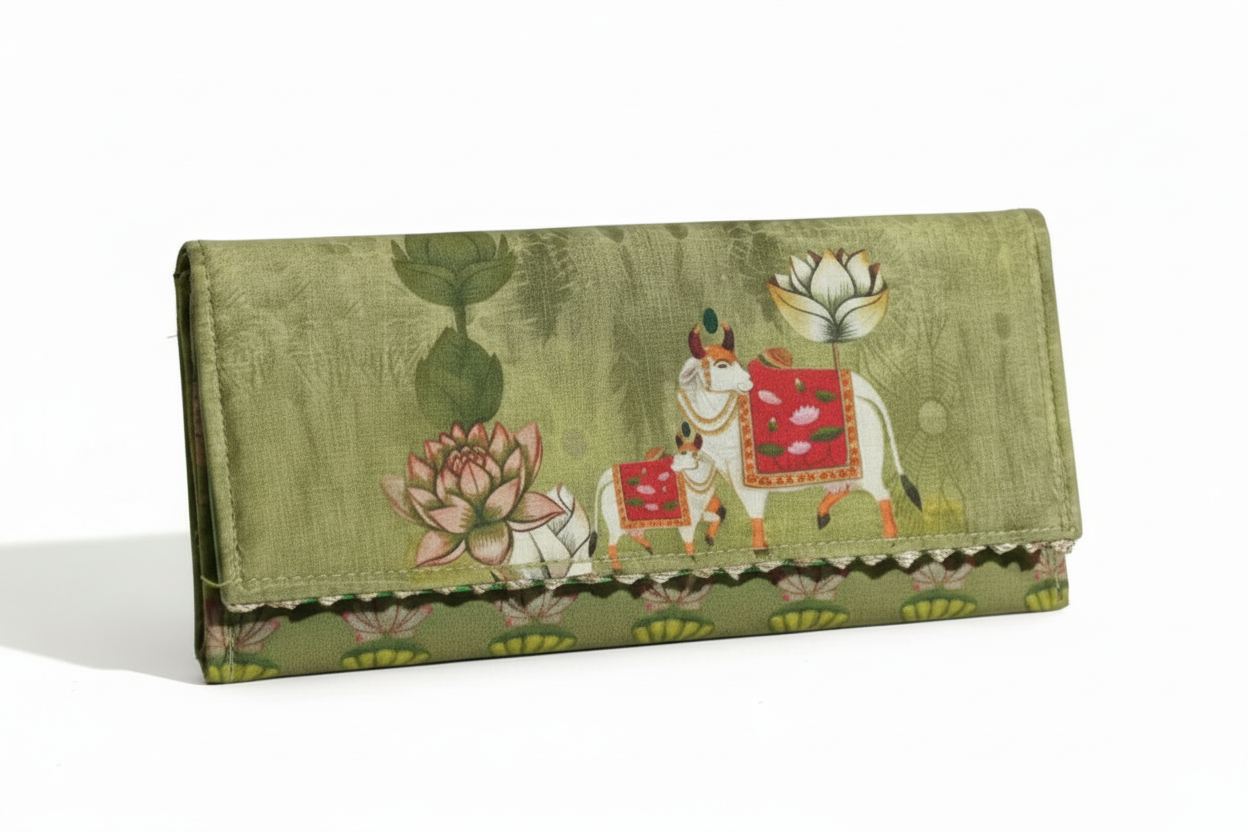 Decorative green envolope wallet with cow and lotus design on a wooden surface with draped fabric background