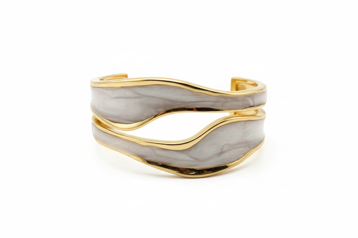 White Enamel Triple-Rail Wave Open Cuff Ring | 18K Gold Plated | Adjustable