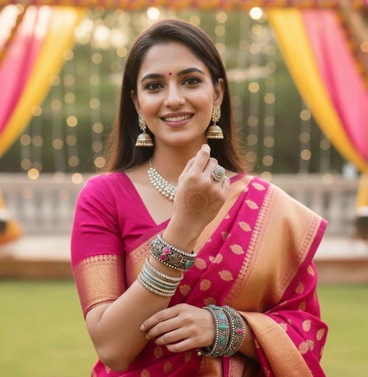 Ethnic Multi-Color Stone Openable Kadas (Set of 2)  German golden Silver Filigree & Beaded Bangles