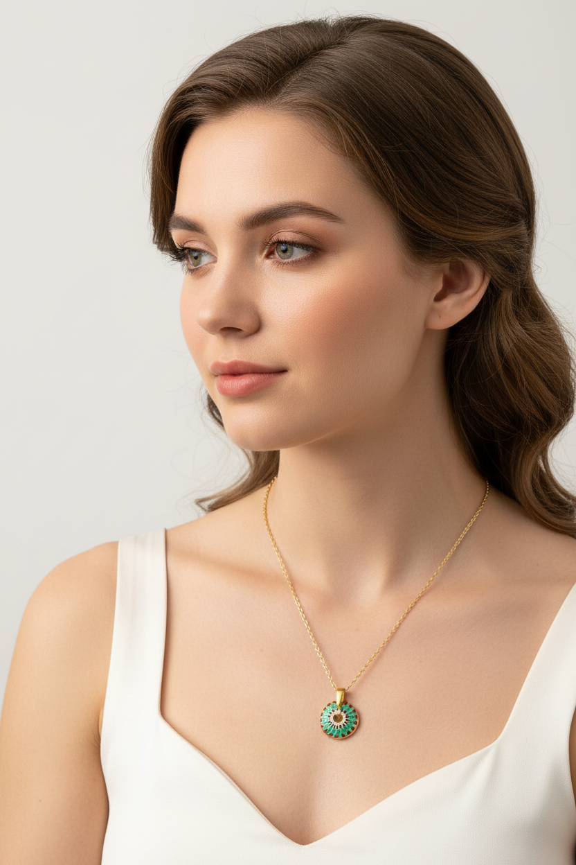 Woman wearing a gold necklace with a green pendant against a plain background