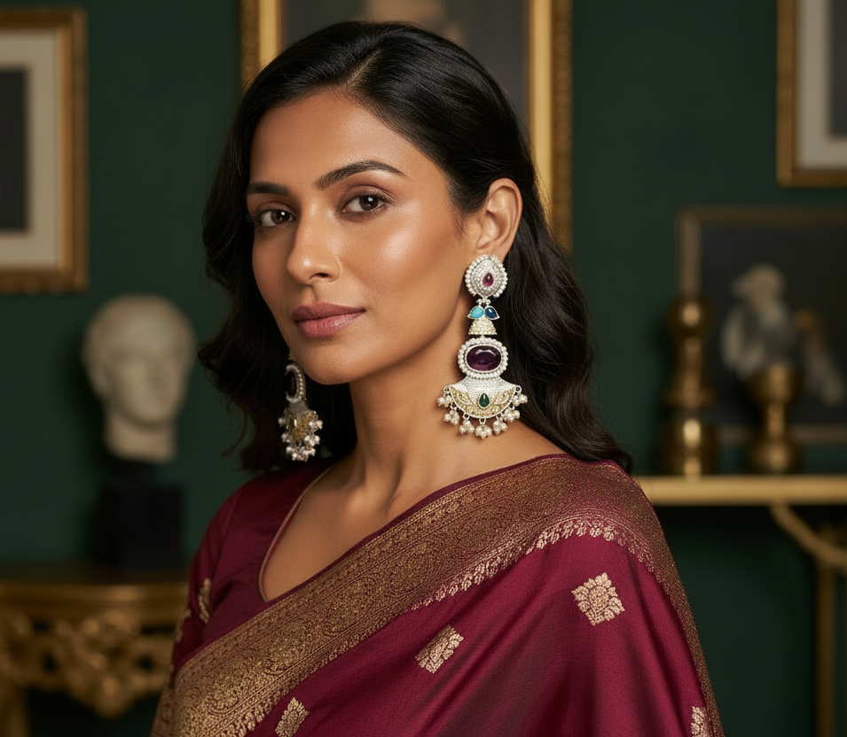Oxidised 4-Tier Long Earrings: Pearl Halo, Oval Stone, Lotus Fan Base, 2-Tone Plating