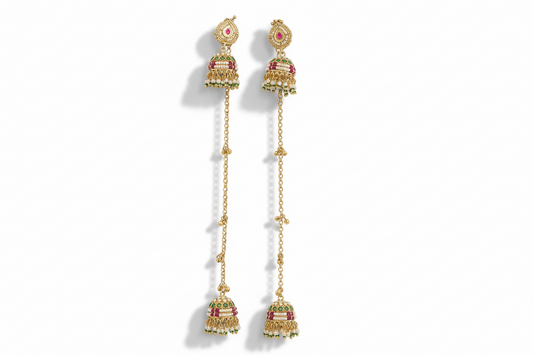 Pair of gold earrings with red gemstones on a white background