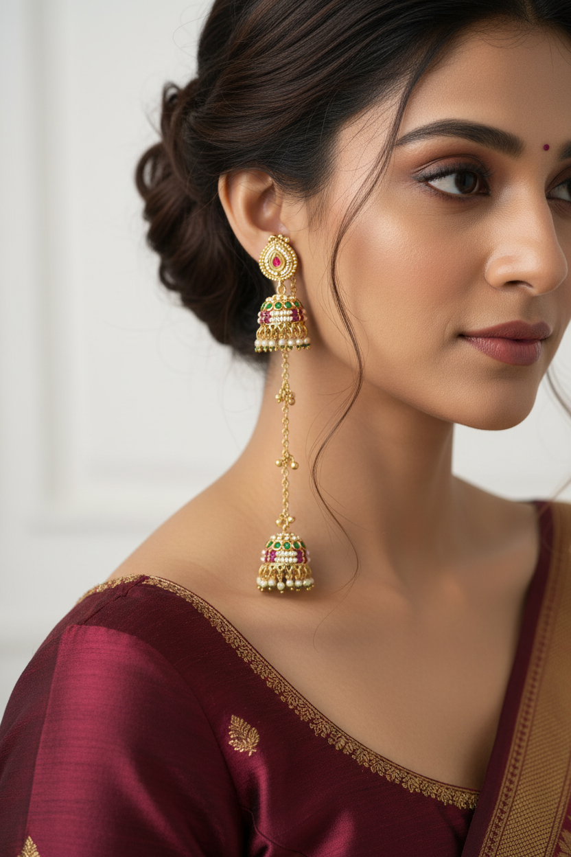 Woman wearing traditional earrings with a plain background