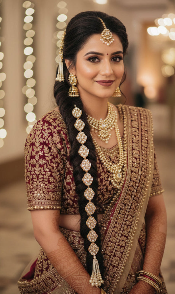 Woman in traditional attire with jewelry against a blurred background