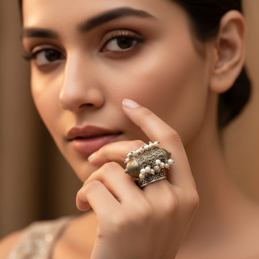 Antique Silver Temple Ring with Pearl Accents