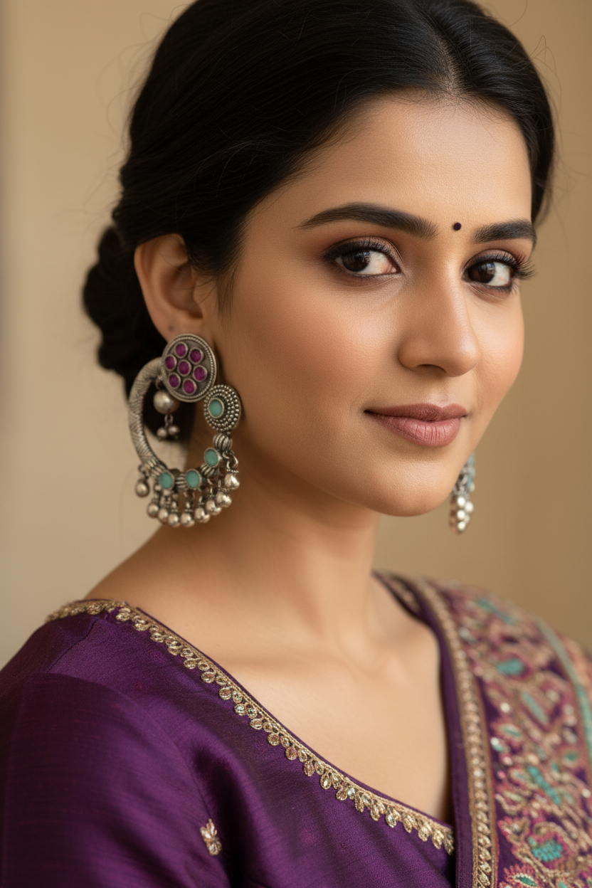 Purple and Turquoise Chandbali Earrings with Silver Bead Fringe Oxidized Silver