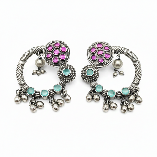 Purple and Turquoise Chandbali Earrings with Silver Bead Fringe Oxidized Silver