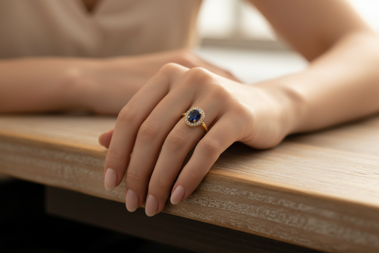 Hand wearing a ring with a blue gemstone on a wooden surface