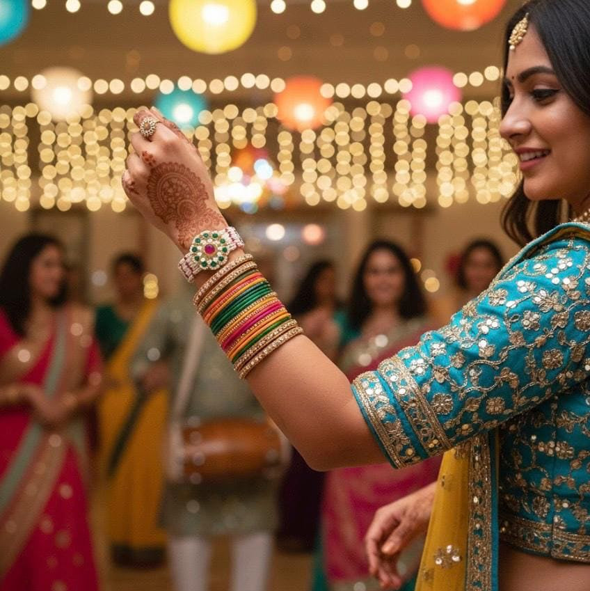 Woman in traditional attire with colorful jewelry and bangles, surrounded by festive lights and people.