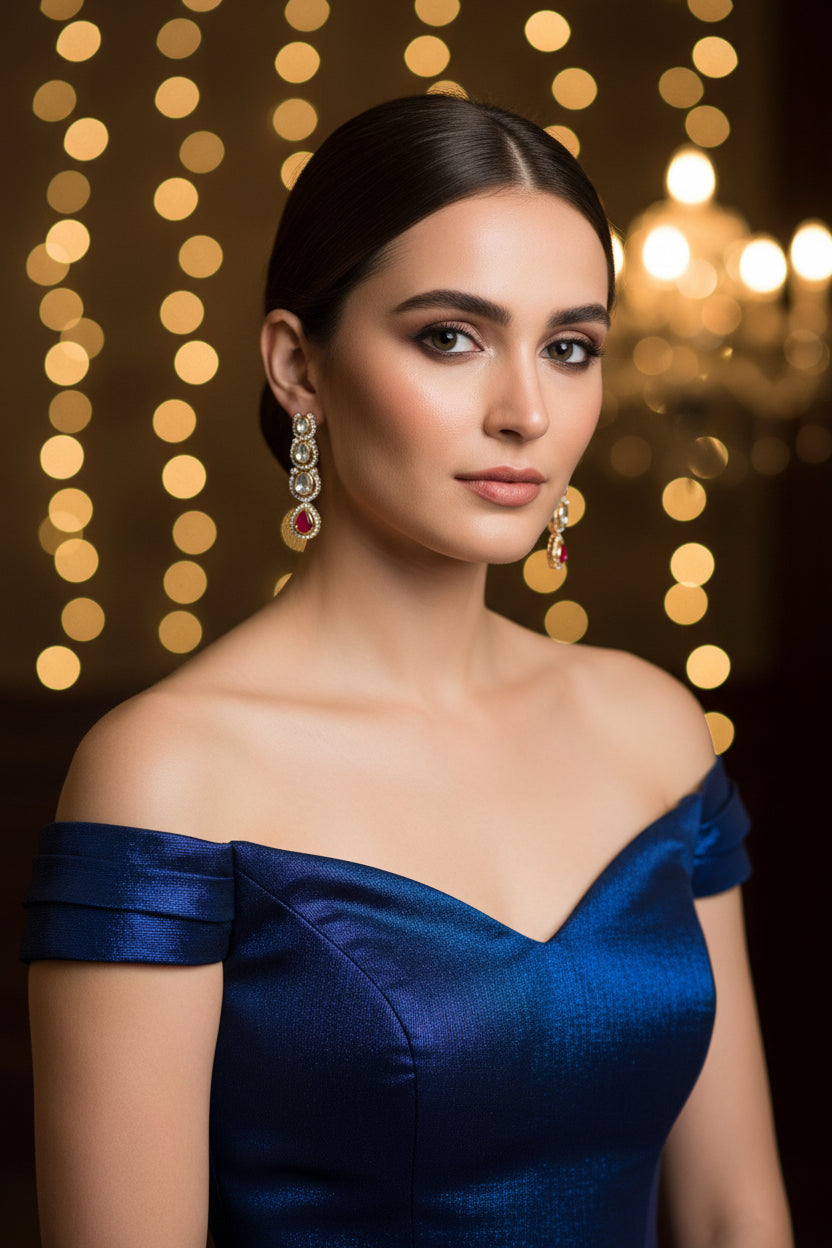 Kundan Classic 4 Tier Long Drop Earrings Carat Gold with CZ & Color Teardrop