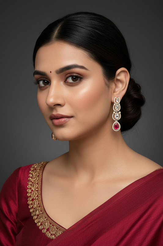 Kundan Classic 4 Tier Long Drop Earrings Carat Gold with CZ & Color Teardrop