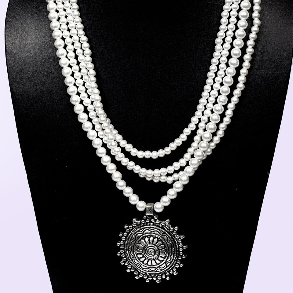 Multiple Strand Graduated Pearl Necklace Oxidised Silver Mandala Pendant with Glass Pearl Beads