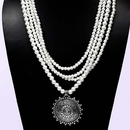 Multiple Strand Graduated Pearl Necklace Oxidised Silver Mandala Pendant with Glass Pearl Beads