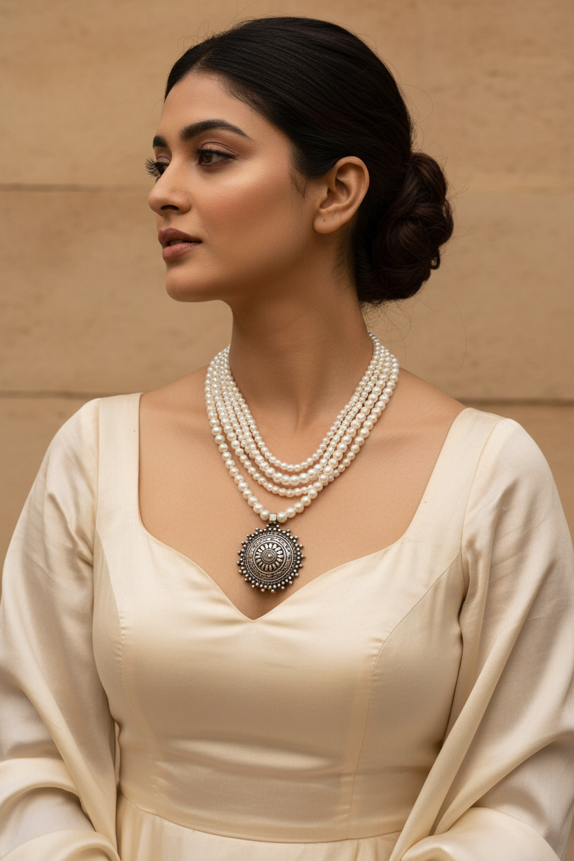 Woman wearing a pearl necklace with oxidize pendant  beige background