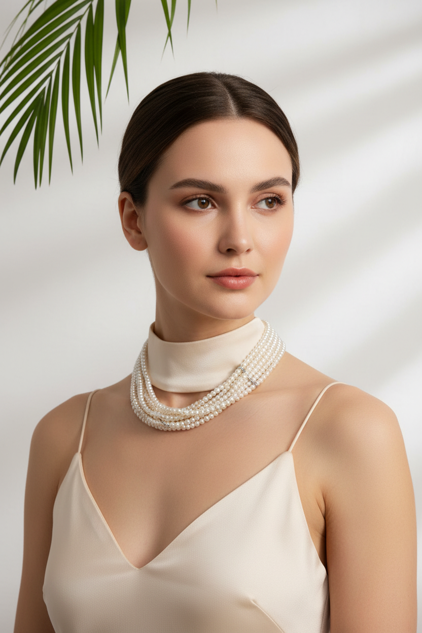 5-Strand Pearl Choker Necklace – Glass Pearl Beads with Silver Bar Connector & Adjustable Chain