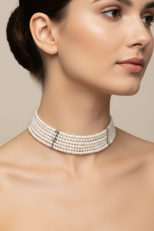 5-Strand Pearl Choker Necklace – Glass Pearl Beads with Silver Bar Connector & Adjustable Chain