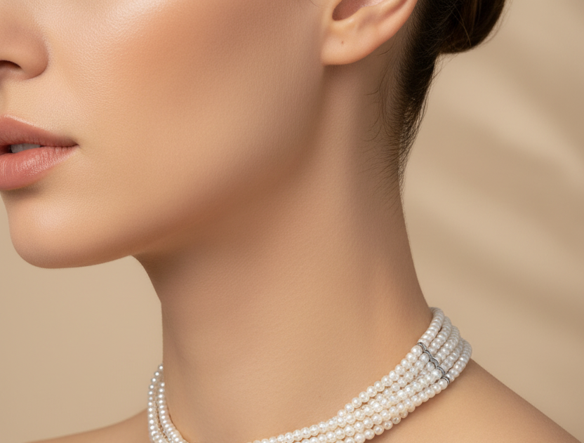5-Strand Pearl Choker Necklace – Glass Pearl Beads with Silver Bar Connector & Adjustable Chain