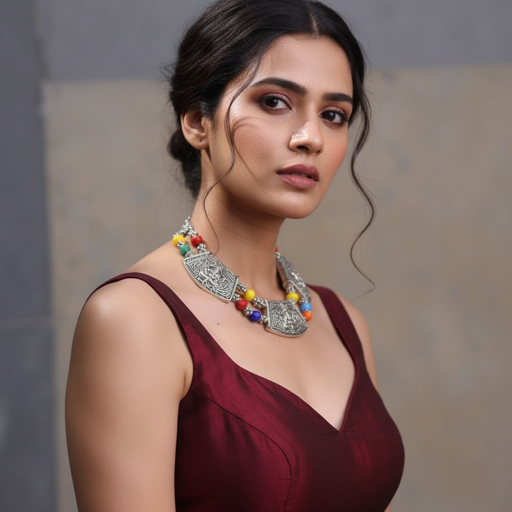 Woman wearing a maroon dress and colorful vintage temple necklace against a neutral background