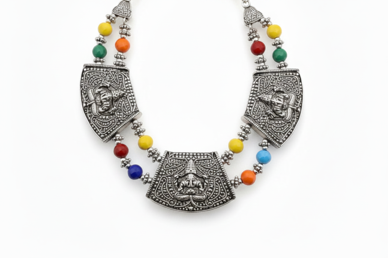 Oxidised Silver 3 Panel Temple Necklace Ganesha and Deity Motifs with Multicolor Bead Strands