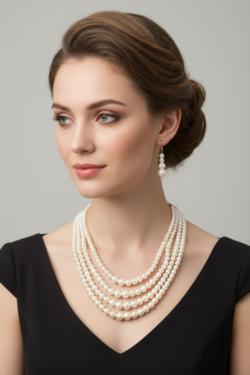 Woman wearing a pearl necklace and earrings against a neutral background