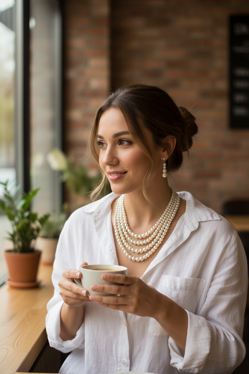 Woman in a white shirt holding a cup, wearing pearls, in a cozy indoor setting.
