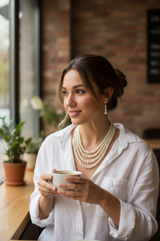 Woman in a white shirt holding a cup, wearing pearls, in a cozy indoor setting.