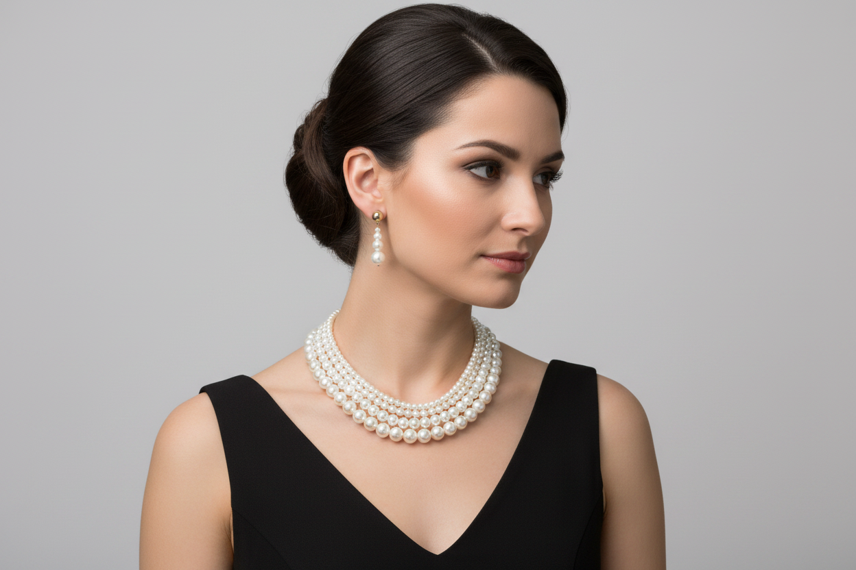 Woman wearing a pearl necklace and earrings against a gray background