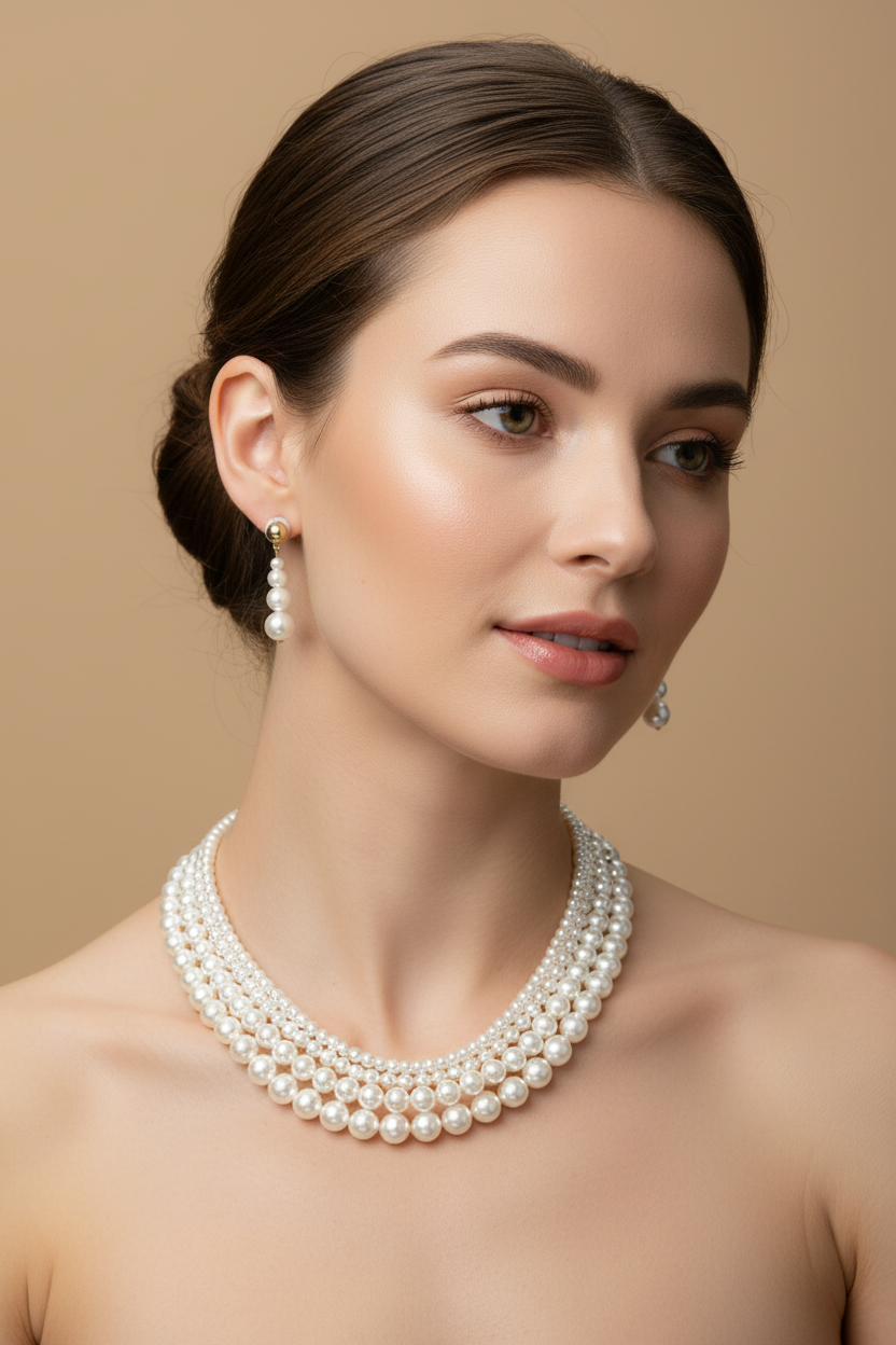 Woman wearing a pearl necklace and earrings against a beige background