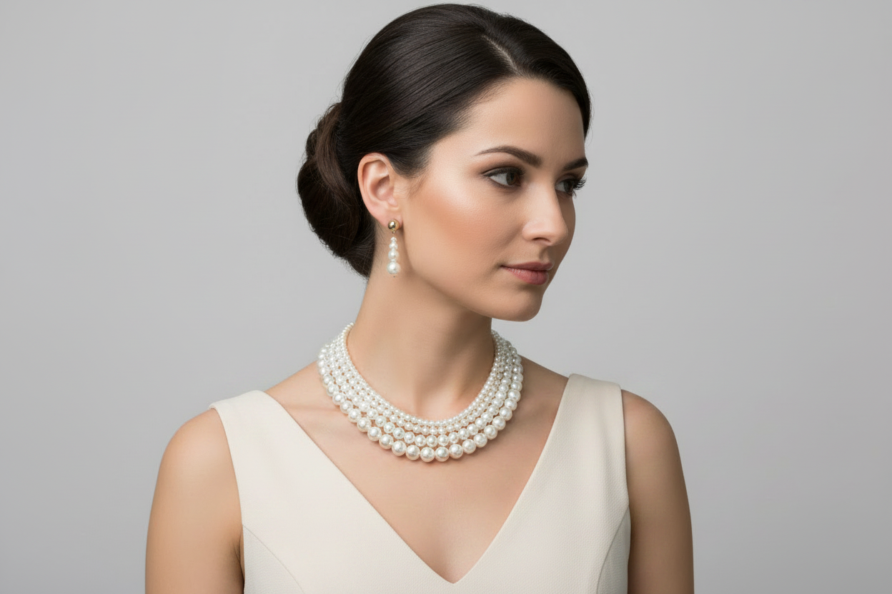 Woman wearing a pearl necklace and earrings on a gray background