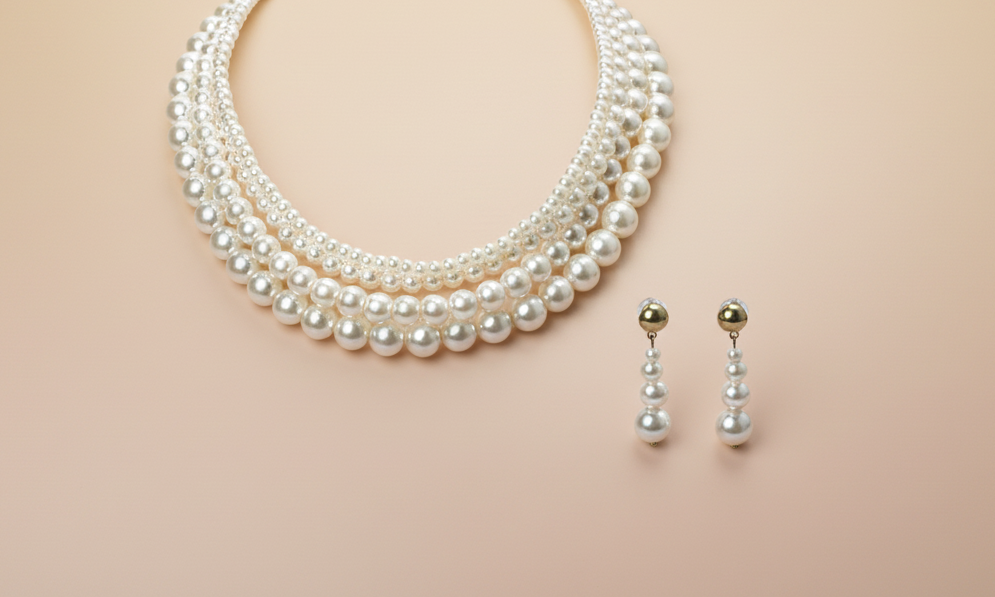 Pearl necklace and earrings on a beige background