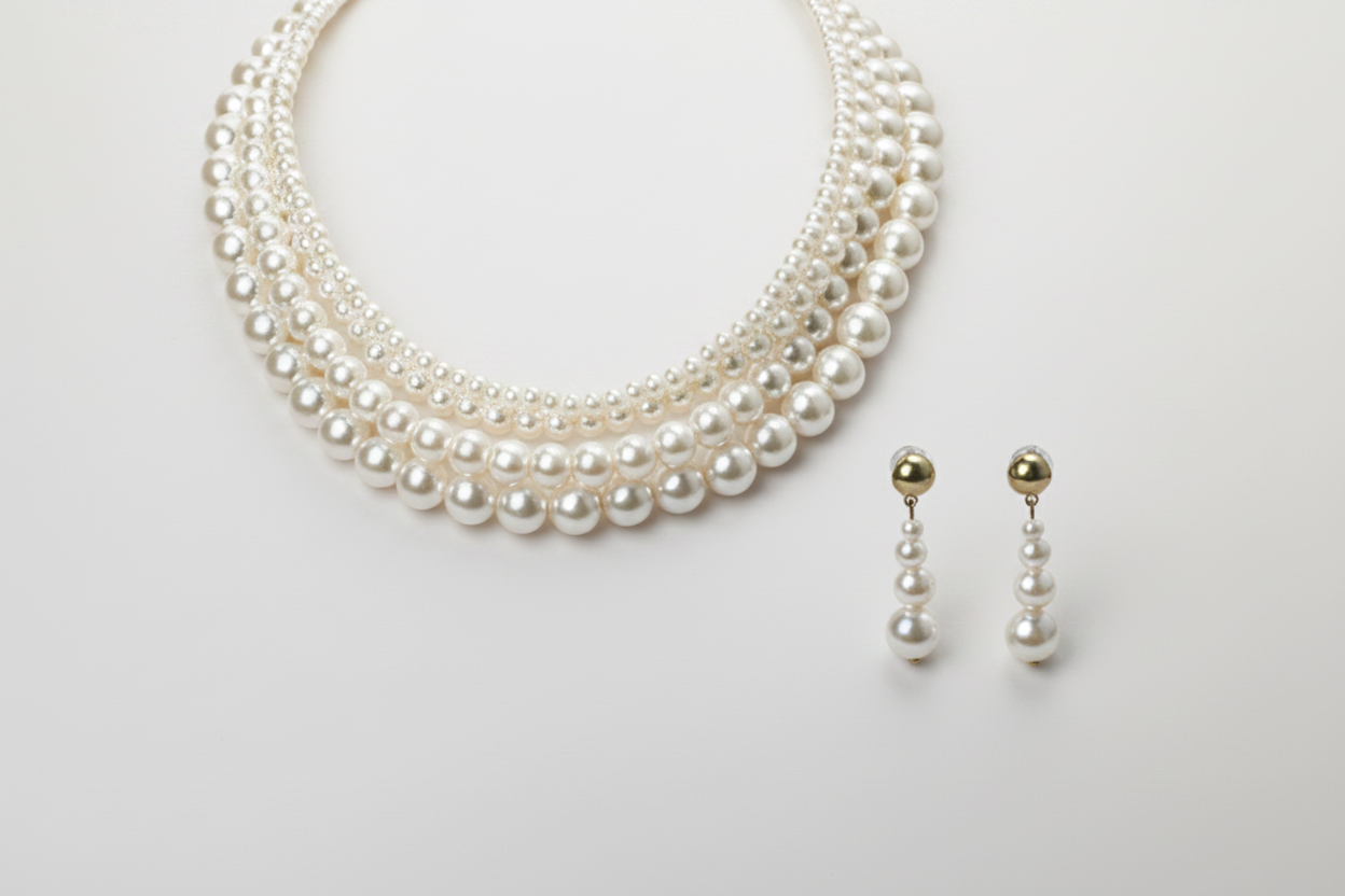 Pearl necklace and earrings on a light gray background