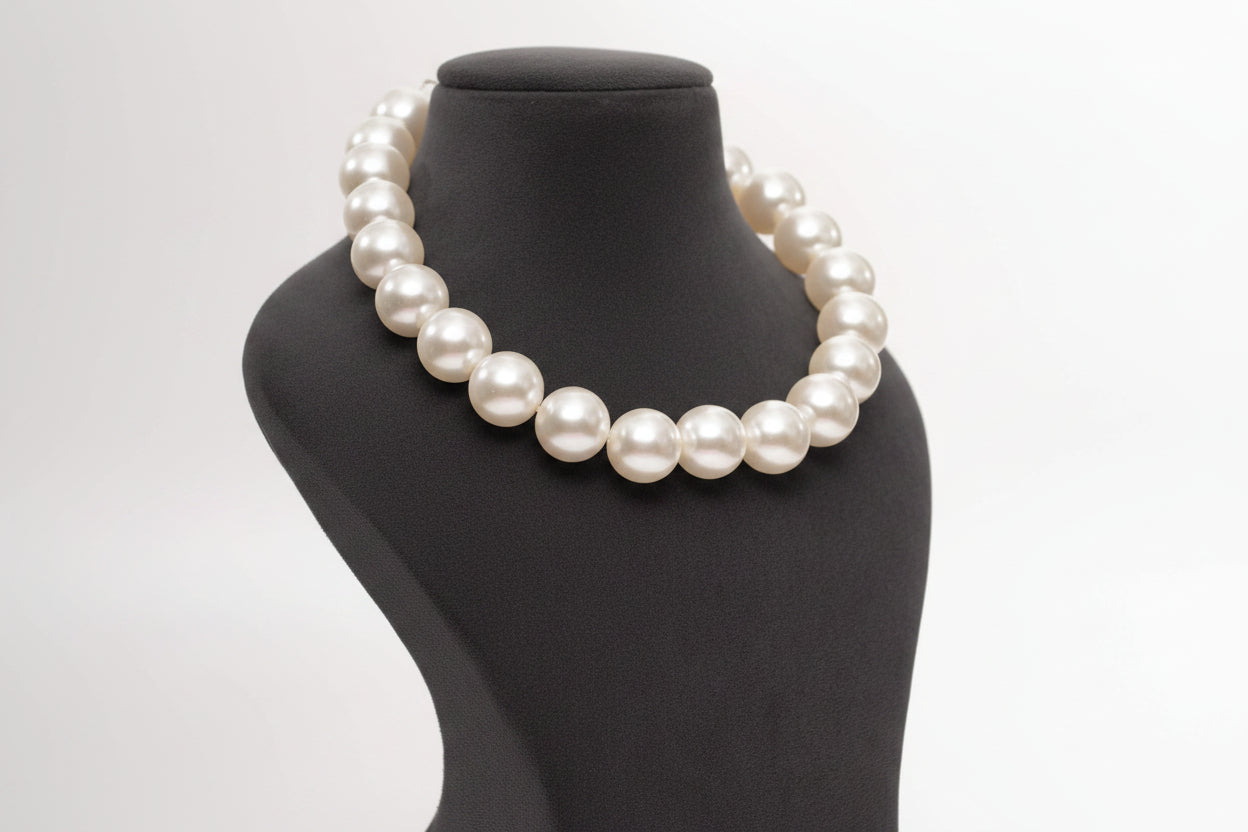 Pearl necklace on a mannequin bust against a plain background