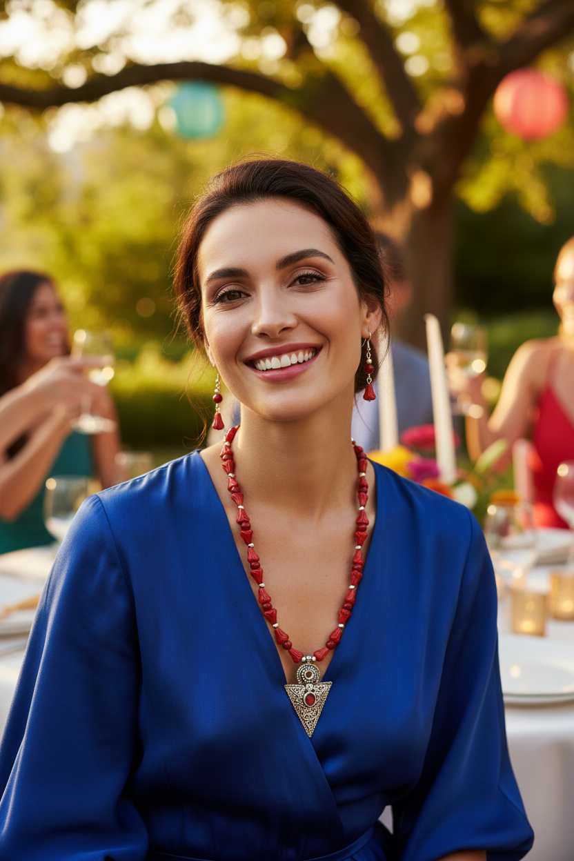 Woman in a blue dress with a red necklace at an outdoor event