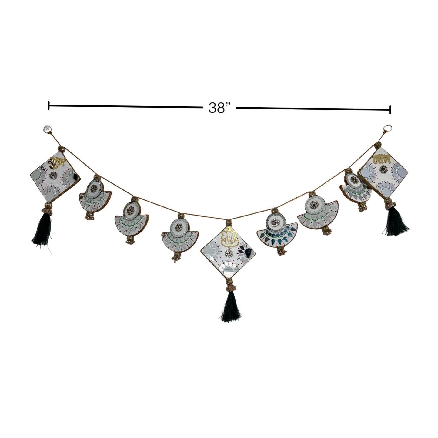 Decorative garland with tassels and measurements on a white background